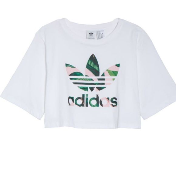 adidas Cropped Tropical Palm Logo Tee - Picture 1 of 4